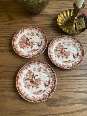 Vintage Brown Transfer Ware 6" Bread Plates Holland Windmill Japan Set Of 3